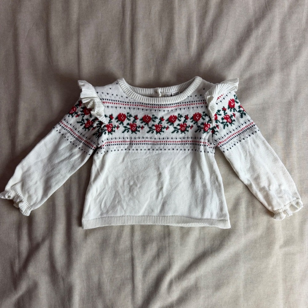 Janie and Jack Girls White Rose Fair Isle Ruffle Sweater 12-18 Months Christmas